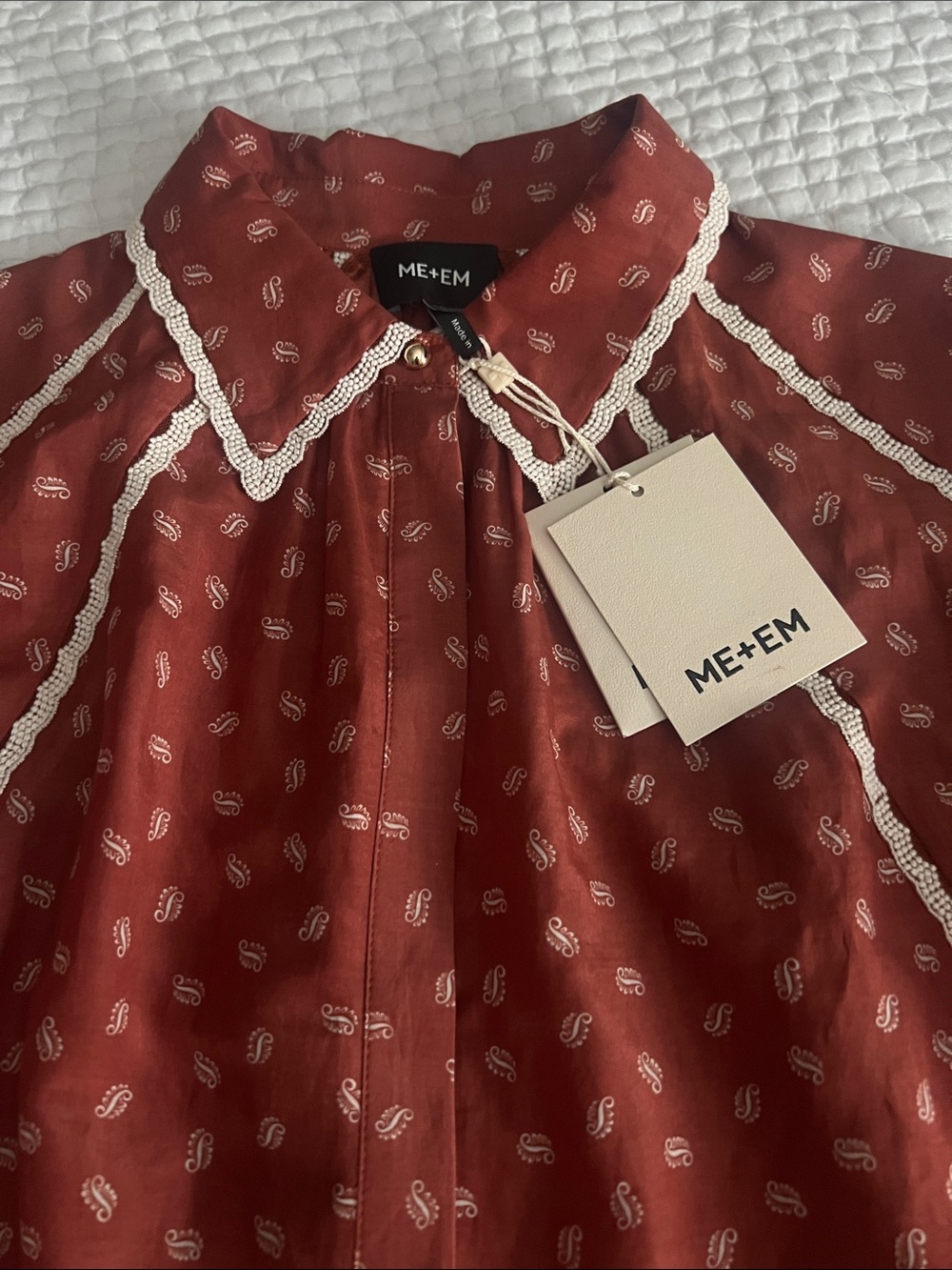 ME+EM Trim Detail Paisley Print Button Down Rust Cream Lace US Size 8 NWT $345 - Picture 2 of 14
